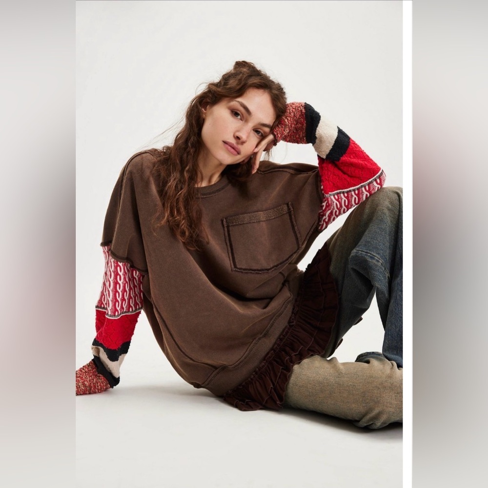 Free people we the free Stevie pullover sweatshirt chocolate brown